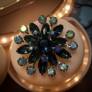 Vintage Aurora Borealis Floral Brooch Purple & Iridescent Blue 2” Statement Pin